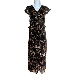 Japna Black  Floral Flutter Sleeves Button Down  Maxi Dress sz S